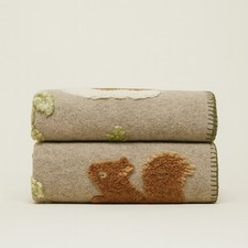 Plaid in lana cotta 150x170 cm Abeti e scoiattoli fondo tortora