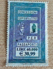 1 MARCA DA BOLLO €30,99 CONCESSIONI GOVERNATIVE x PASSAPORTO VINTAGE