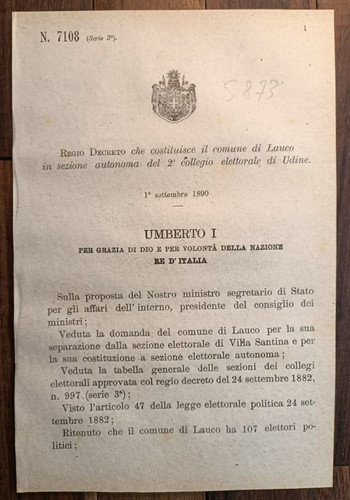 Lauco 1890 regio decreto - lauco, x