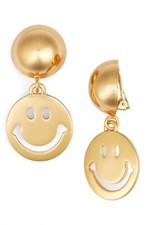 Orecchini a goccia SS20 Moschino Couture Jeremy Scott Smiley ® tono oro clip nuovi con etichette