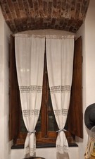 Antiche Coppia Tendine  Lino Tessuto A Telaio e Pizzo Cm.180x55