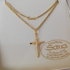 Collana Corda Fune 50 cm e Croce Crocifisso Sacro Gesù in Oro Giallo 18 Kt 