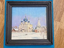 Dipinto ad olio - Paesaggio invernale con cattedrale russa – 15x15 cm e cornice
