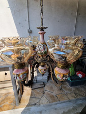 lampadario vintage anni '70 ottone con finiture in ceramica e vetro