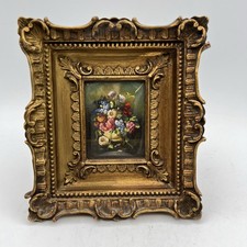 Quadro Antico dipinto Fiori a olio su rame Quadretto con cornice oro Firmato