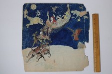 INCREDIBILE antico quadro illustrativo anni '00 circa BABBO NATALE SLITTA MOLTI ANIMALI