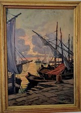 dipinto olio Francesco Maria Pieri  Barche in Porto