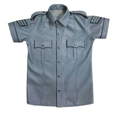 Camicia uniforme uomo vera pelle stile polizia manica corta grigio pelle