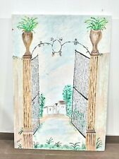 QUADRO CLASSICO DIPINTO A MANO OLIO SU TELA IMMAGINE CANCELLO CON VASI