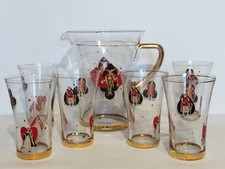 Servizio da bibita in vetro decorato con figure, pois e con rifiniture oro