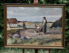 Christian Valentinusen - Contadini che lavorano nei campi - Olio su tela - Firmato