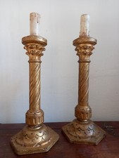 Coppia Torcere Lampade Da Tavolo Fiorentine anni 50 originali legno Foglia Oro 