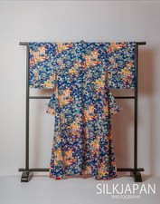 Kimono giapponese vintage Houmongi seta abito donna blu colorato paesaggio...