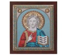 SACRO ICONA RUSSA QUADRO GESU CRISTO COLORE e ORO Cm.36x30 ARGENTO 925% 3302/4C