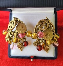 Vtg “Napoleon Empereur”  Coin Rhinestone Drop Dangle Earrings Gold Tone Clip On