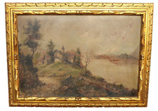 Paesaggio veduta dipinto Olio su faesite, antico, firmato Mancini