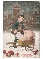 bambino pacco regalo maiali funghi antica cartolina Buon Anno Neuen Jahre