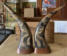 2x VINTAGE CORNA BUFALO INTAGLIATE  DRAGHI ARTE ASIATICA 32 CM