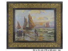 QUADRO ANTICO MARE MARINA CON BARCHE ART NOUVEAU INIZIO '900 DIPINTO OLIO S1