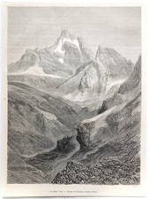 Stampa antica XIX sec. Monviso Re di Pietra Alpi Cozie Cuneo Piemonte