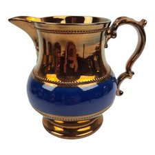 antica BROCCA CARAFFA BLU E ORO IN SMALTO BRILLANTE “COPPER LUSTREWARE JERSEY”