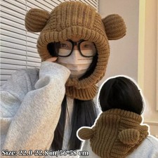 Donna Ragazza Maglia Berretto Orso Orecchie Neve da Sci con Cappuccio Sciarpa