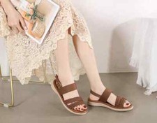 sandali donna bassi fiori tacco basso marrone intreccio pelle sintetica 89854