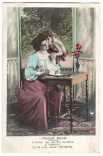 Woman Cupid cherub angel real photo postcard °1907 hand tinted French RPPC