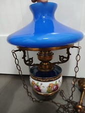 Lampadario Lanterna Sospeso Vetro Blu Vintage Ceramica Ottone Francese