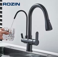 Rubinetto Cucina 3 Vie Acqua Calda Fredda Filtro Girevole 360° Nero Acciaio