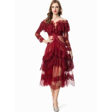 Abito donna retrò girocollo volant maniche lunghe elegante pizzo vino rosso festa