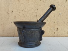 ANTICO D'EPOCA XVII sec MORTAIO DA FARMACIA IN BRONZO MASSICCIO CON PESTELLO