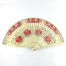 Ventaglio vintage cinese in legno marrone traforato e dipinto a mano tessuto