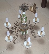 Lampadario sei bracci luci Art Nouveau in ottone e ceramica anni '30