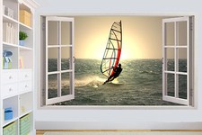 ADESIVO PARETE FINESTRA 3D SURFISTA VENTO SUL MARE TRAMONTO DECORAZIONE CAMERA DECALCOMANIA MURALE