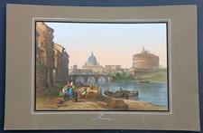 stampa antica 1840 colori acquerello acciaio Roma castel sant angelo san pietro