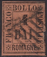 Romagne 4 bajocchi fulvo "A smussata" usato con annullo originale a griglia (5a)