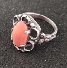 Anello in pietra rosso corallo in argento antico 835, gioielli argento antico