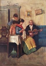 Ritratto di famiglia italiana scena interna vecchio dipinto olio originale firmato