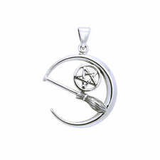 Strega Scopa Pentacolo Luna Wiccan 925 Pendente Argento Sterling Sottile Magica