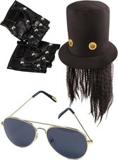 Cappello nero stile Rockstar Slash anni 80 con parrucca, guanti e occhiali set 3 pezzi