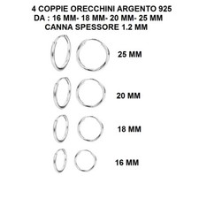 STOCK 4 COPPIE ORECCHINI ARGENTO 925 CERCHIETTO LISCIO 16/18/20/25 MM