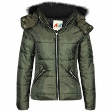 Bambini Trapuntato Oliva Piumino Pelliccia Finta Colletto Hood Giacca New Moda