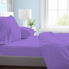 Completo Lenzuola Matrimoniale in Microfibra, Lilla, Rasatello Rigato, No Stiro,