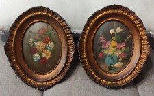 ANTICHI DIPINTI CON CORNICE OVALE IN LEGNO DORATO - FLOREALE - FIRMATI - VINTAGE