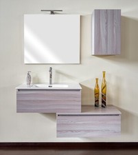 Mobile bagno sospeso olmo perla, 130cm, base, lavabo, specchio e pensile