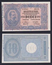 Banconota Italia 10 lire Vittorio Emanuele III° 1923 P.-20h FDS/UNC (Periziata)
