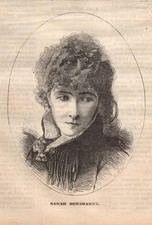 Stampa antica SARAH BERNHARDT attrice ritratto in ovale 1879 Antique print