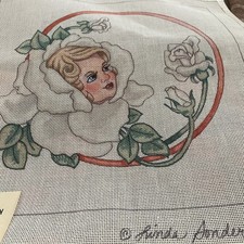 tela punto ago dipinta a mano Linda Sondermann ragazza fiore rosa rosa vintage 14