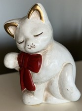 Statuina Gatto Bianco Ceramica Vintage Collezione Thun Casa Fiocco Rosso Gattino Italia